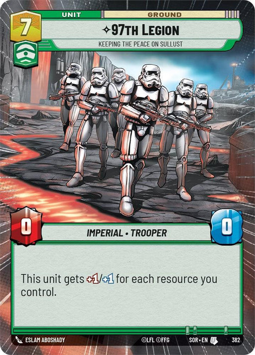 A card from a game features the 97th Legion - Keeping the Peace on Sullust (Hyperspace) (382) [Spark of Rebellion], a unit of Imperial Troopers. It shows five armed troopers in white armor standing ready on the volcanic landscape of Sullust. The card details include stats of 0/0 and a plus for each resource controlled. The background highlights lava flows and rocky terrain, by Fantasy Flight Games.