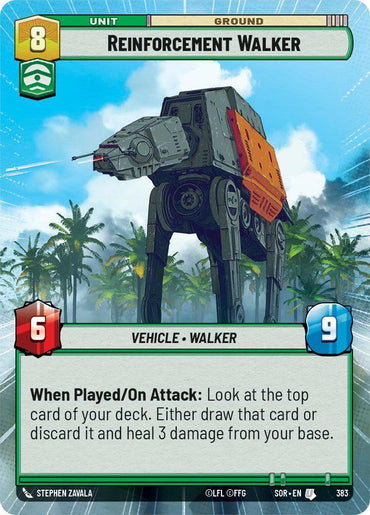 The trading card "Reinforcement Walker (Hyperspace) (383) [Spark of Rebellion]" from the set Spark of Rebellion by Fantasy Flight Games showcases a mechanical vehicle on tall, jointed legs with a gray body and orange accents. It costs 8 units to play, has 6 attack, and 9 defense. Its ability lets players draw or discard the top card of their deck and heal 3 damage when played or on attack.