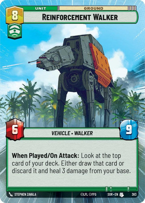 The trading card "Reinforcement Walker (Hyperspace) (383) [Spark of Rebellion]" from the set Spark of Rebellion by Fantasy Flight Games showcases a mechanical vehicle on tall, jointed legs with a gray body and orange accents. It costs 8 units to play, has 6 attack, and 9 defense. Its ability lets players draw or discard the top card of their deck and heal 3 damage when played or on attack.