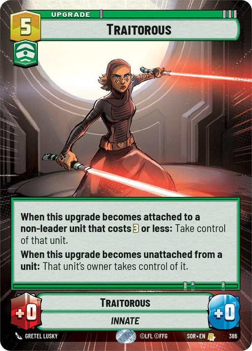 A digital card from Fantasy Flight Games titled Traitorous (Hyperspace) (386) [Spark of Rebellion]. The card features a female character with dual lightsabers in a dynamic pose, ready for battle. This rare card includes upgrade mechanics and player stats, with detailed rules written below the illustration. The character is drawn with a futuristic, sci-fi style.