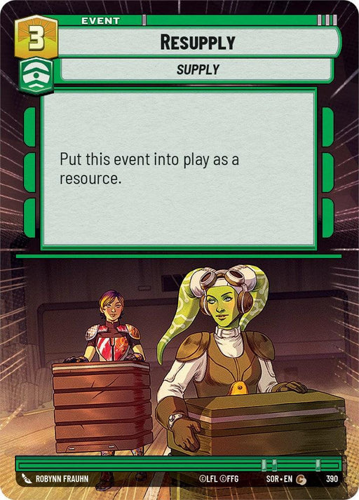 A card from a game showcases an Event card titled "Resupply (Hyperspace) (390) [Spark of Rebellion]" by Fantasy Flight Games with a cost of 3. It instructs players to put this event into play as a resource. The illustration features two characters carrying large crates; a human and an alien with green skin and tentacle-like hair, embodying the spark of rebellion.