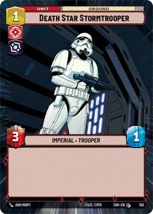 A "Death Star Stormtrooper (Hyperspace) (392) [Spark of Rebellion]" game card titled "Death Star Stormtrooper." It features an illustration of an Imperial Trooper holding a blaster, standing in a dark, futuristic corridor. The card has a cost of 1, a health of 3, and a resource generation of 1. The unit type is "Imperial - Trooper.