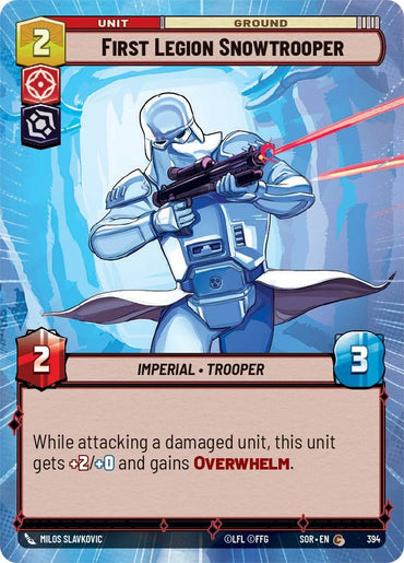 A trading card titled "First Legion Snowtrooper (Hyperspace) (394) [Spark of Rebellion]" from the Fantasy Flight Games. The card features an armored imperial trooper with a blaster rifle. It has a cost of 2, strength of 2, and health of 3. The card's ability boosts its attack and grants "OVERWHELM" when attacking a damaged unit.