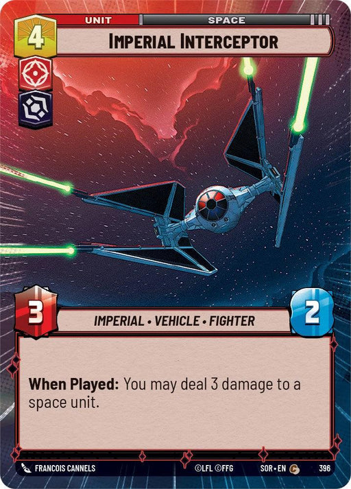 A card titled "Imperial Interceptor (Hyperspace) (396) [Spark of Rebellion]" from the 2024 release of the game Spark of Rebellion by Fantasy Flight Games. It features a spacecraft flying through space with a red nebula backdrop. The card costs 4 units, has 3 attack, and 2 defense. Text reads, "When Played: You may deal 3 damage to a space unit.