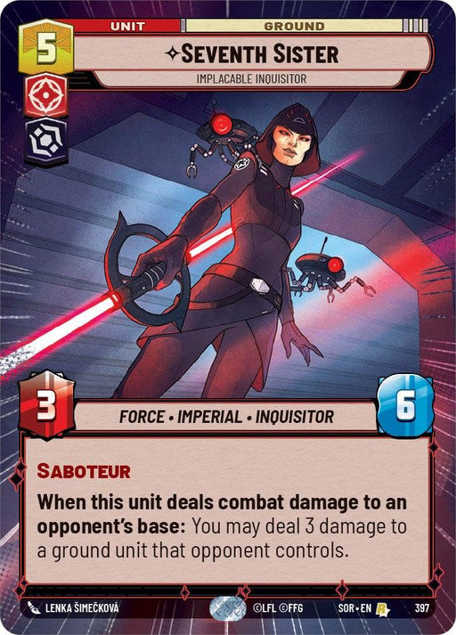 A card from a collectible card game titled **Seventh Sister - Implacable Inquisitor (Hyperspace) (397) [Spark of Rebellion]** by Fantasy Flight Games features a female figure in a black outfit wielding red and blue lightsabers. As the Implacable Inquisitor, she has a cost of 5, attack power of 3, and health of 6. Special skill: "Saboteur" – deals 3 damage to a ground unit at the opponent’s