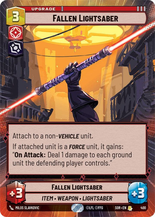 Image of a rare trading card titled "Fallen Lightsaber (Hyperspace) (400) [Spark of Rebellion]." The card's serrated edge signals its special edition. It showcases a hand gripping a double-ended red lightsaber in an industrial setting. Stats, abilities, art credits, and its itemization as an "Upgrade" adorn the bottom. This card is produced by Fantasy Flight Games.