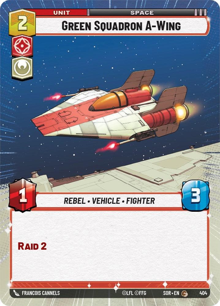 A card from the "Spark of Rebellion" series features the Green Squadron A-Wing (Hyperspace) (404) [Spark of Rebellion] by Fantasy Flight Games in space. The image shows a red and white spaceship flying above a space station. With a cost of 2, power of 1, and health of 3, its abilities include "Rebel," "Vehicle," "Fighter," and "Raid 2.