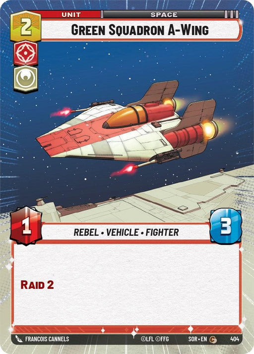 A card from the "Spark of Rebellion" series features the Green Squadron A-Wing (Hyperspace) (404) [Spark of Rebellion] by Fantasy Flight Games in space. The image shows a red and white spaceship flying above a space station. With a cost of 2, power of 1, and health of 3, its abilities include "Rebel," "Vehicle," "Fighter," and "Raid 2.