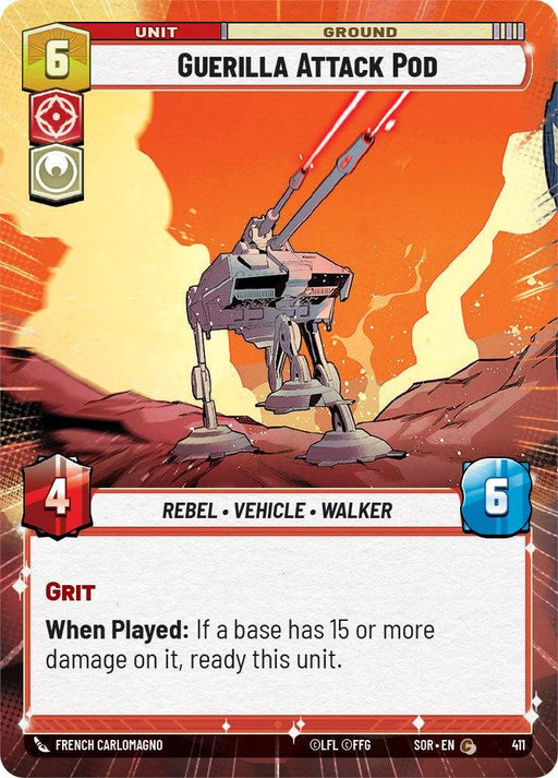 A card from a game featuring "Guerilla Attack Pod (Hyperspace) (411) [Spark of Rebellion]" shows a Rebel Vehicle mechanical walker with guns atop rocky terrain, under an orange sky. The card includes stats like cost (6), attack (4), and defense (6), and bears the abilities "Rebel," "Vehicle," "Walker," and "Grit," with special instructions below. The product is manufactured by Fantasy Flight Games.