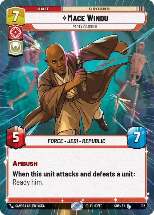 A legendary digital trading card titled "Mace Windu - Party Crasher (Hyperspace) (412) [Spark of Rebellion]" from the strategy game Spark of Rebellion by Fantasy Flight Games. Mace Windu, a bald man wielding a purple lightsaber, is mid-action with droids in the background. The card shows values: 7 defense, 5 attack, and abilities "Ambush" and "Ready him" after defeating a unit.