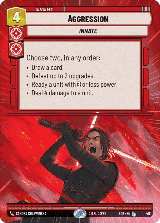 A trading card titled "Aggression (Hyperspace) (418) [Spark of Rebellion]" from the game "Star Wars Destiny," by Fantasy Flight Games. Featuring a red border, it showcases an animated character with long dark hair wielding a red lightsaber amidst dynamic red and black elements. This Legendary card offers multiple actions, such as drawing a card and dealing damage.