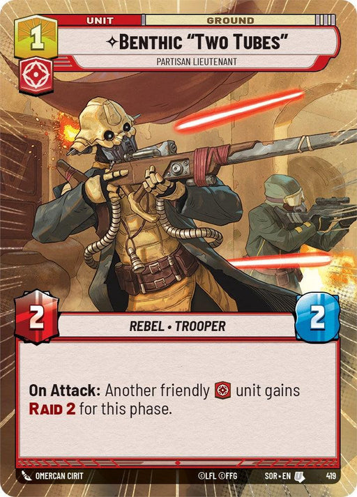 A digital card from "Star Wars: Destiny," titled "Benthic AuTwo TubesAu - Partisan Lieutenant (Hyperspace) (419) [Spark of Rebellion]," depicts a masked and armed Rebel Trooper in combat. Stats: 2 attack, 2 defense, costs 1 resource. Special ability: On attack, another friendly unit gains Raid 2 for this phase—truly a Spark of Rebellion by Fantasy Flight Games.
