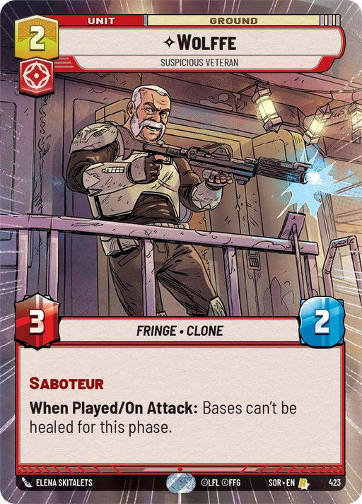 A rare card from a game depicts Wolffe, the "Suspicious Veteran." He is a Fringe Clone with 3 attack (red) and 2 defense (blue). The card costs 2 points and has the Spark of Rebellion ability: "When Played/On Attack: Bases can't be healed for this phase." Wolffe is wielding a blaster. 

Wolffe - Suspicious Veteran (Hyperspace) (423) [Spark of Rebellion] by Fantasy Flight Games.