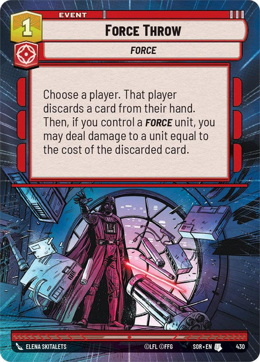 A trading card titled "Force Throw (Hyperspace) (430) [Spark of Rebellion]" from the Star Wars: Destiny game by Fantasy Flight Games. It features an illustration of a dark-robed figure using the Force to hurl a droid. The card text explains an ability involving discarding a card and dealing damage, capturing the essence of a "Spark of Rebellion." The cost is 1 with Force depicted in bold letters.