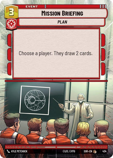 A comic-style Event Card titled "Mission Briefing (Hyperspace) (434) [Spark of Rebellion]" with a cost of 3 resources. It depicts a white-haired man in a white coat pointing at a circular diagram on a chalkboard. Seated in front of him are six individuals wearing orange jumpsuits. The card has the text: "Choose a player. They draw 2 cards.
