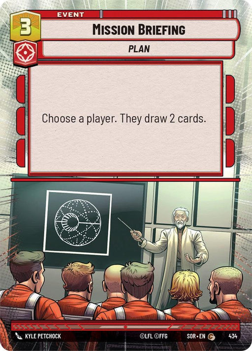 A comic-style Event Card titled "Mission Briefing (Hyperspace) (434) [Spark of Rebellion]" with a cost of 3 resources. It depicts a white-haired man in a white coat pointing at a circular diagram on a chalkboard. Seated in front of him are six individuals wearing orange jumpsuits. The card has the text: "Choose a player. They draw 2 cards.

