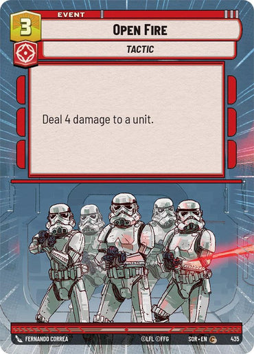 A card named "Open Fire (Hyperspace) (435) [Spark of Rebellion]" from a strategy game by Fantasy Flight Games features a cost of 3 in the top-left corner. This Event Card with the tactic subtype reads, "Deal 4 damage to a unit." The illustration shows four stormtroopers aiming blasters, set against a futuristic background, igniting the spark of rebellion.