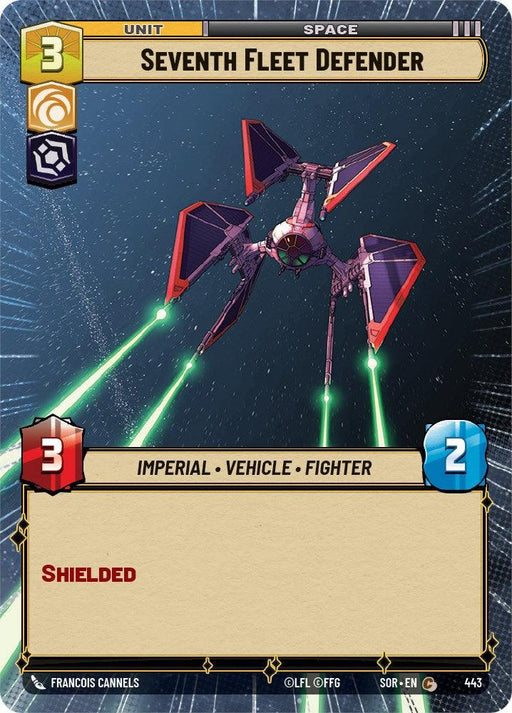 A card titled "Seventh Fleet Defender (Hyperspace) (443) [Spark of Rebellion]" features a futuristic spacecraft firing green lasers. The card, with its space theme and icons denoting costs and abilities, shows 3 power and 2 defense. As an Imperial vehicle fighter with the "Shielded" ability, it embodies the Spark of Rebellion. This card is created by Fantasy Flight Games.