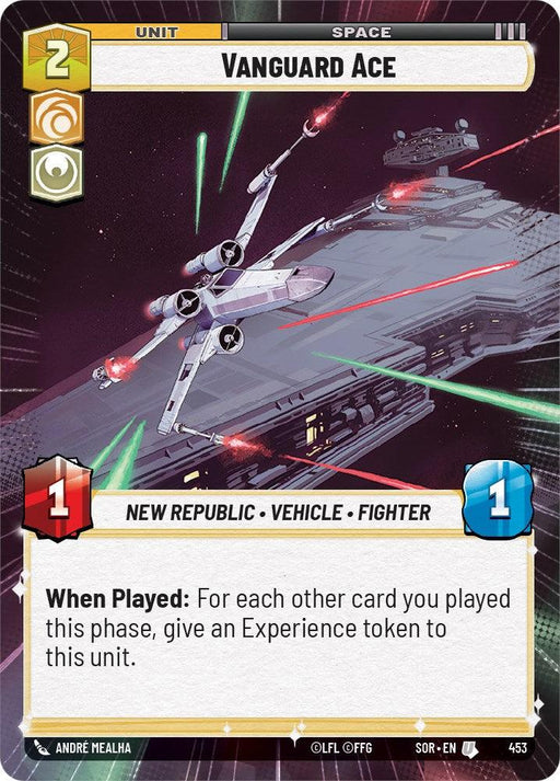 A card from the game "Vanguard Ace (Hyperspace) (453) [Spark of Rebellion]" by Fantasy Flight Games. It features a starfighter labeled "Vanguard Ace" flying in space with laser blasts. The card has a cost of 2, an attack value of 1, and defense value of 1. It's classified as a New Republic Vehicle Fighter. Text reads: "When Played: For each other card you played this phase, give an Experience