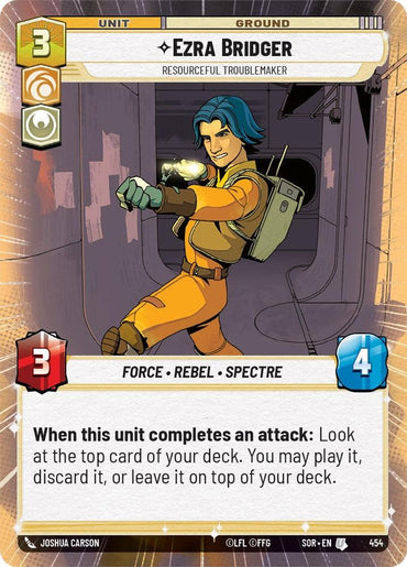 An Ezra Bridger - Resourceful Troublemaker (Hyperspace) (454) [Spark of Rebellion] card from Fantasy Flight Games, featuring animated visuals of him in a brown outfit with a green lightsaber. Game stats and abilities are displayed using numbers and icons, while a multicolored border highlights text about an ability activated after an attack, embodying the true Spark of Rebellion spirit.