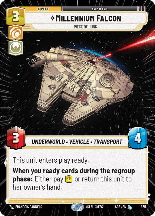 A detailed illustration of the Millennium Falcon - Piece of Junk (Hyperspace) (455) [Spark of Rebellion], labeled as "Piece of Junk," graces a card titled "Millennium Falcon - Piece of Junk (Hyperspace) (455) [Spark of Rebellion]." Classified as "Underworld, Vehicle, Transport," it boasts unit values of 3 for attack and 4 for defense, with text detailing its legendary effects and abilities.