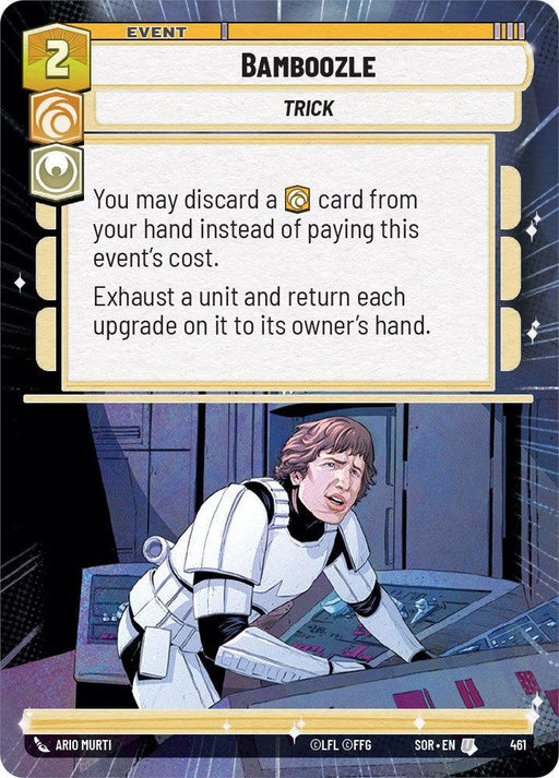 A "Bamboozle (Hyperspace) (461) [Spark of Rebellion]" event card from the Star Wars: Legion game by Fantasy Flight Games. The card features a character in white armor leaning over a control panel. The text explains an ability to discard a card from your hand to avoid paying the event's cost and return upgrades to the owner's hand. Base cost: 2.
