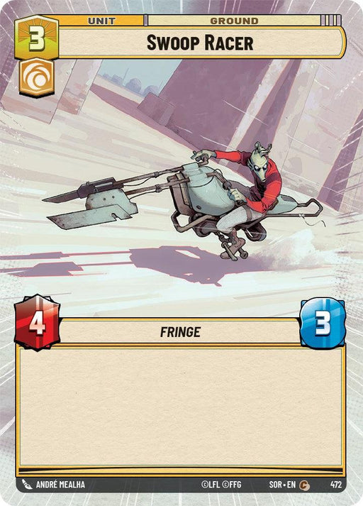 A trading card titled "Swoop Racer (Hyperspace) (472) [Spark of Rebellion]" features an alien, helmet-clad, riding a futuristic bike in a dusty, high-tech environment. With "UNIT" and "GROUND" inscribed at the top, this Fantasy Flight Games collectible showcases an attack value of 4 in red and a defense value of 3 in blue.