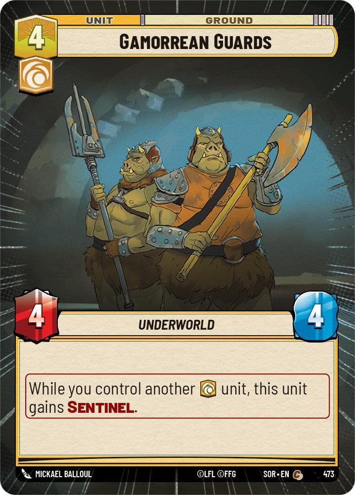 A trading card from the "Spark of Rebellion" series, titled **Gamorrean Guards (Hyperspace) (473)** by Fantasy Flight Games, showcases green-skinned, tusked humanoids in armor wielding a spear and axe. With a 4 energy cost and stats of 4/4, they gain Sentinel if you control another Underworld unit.