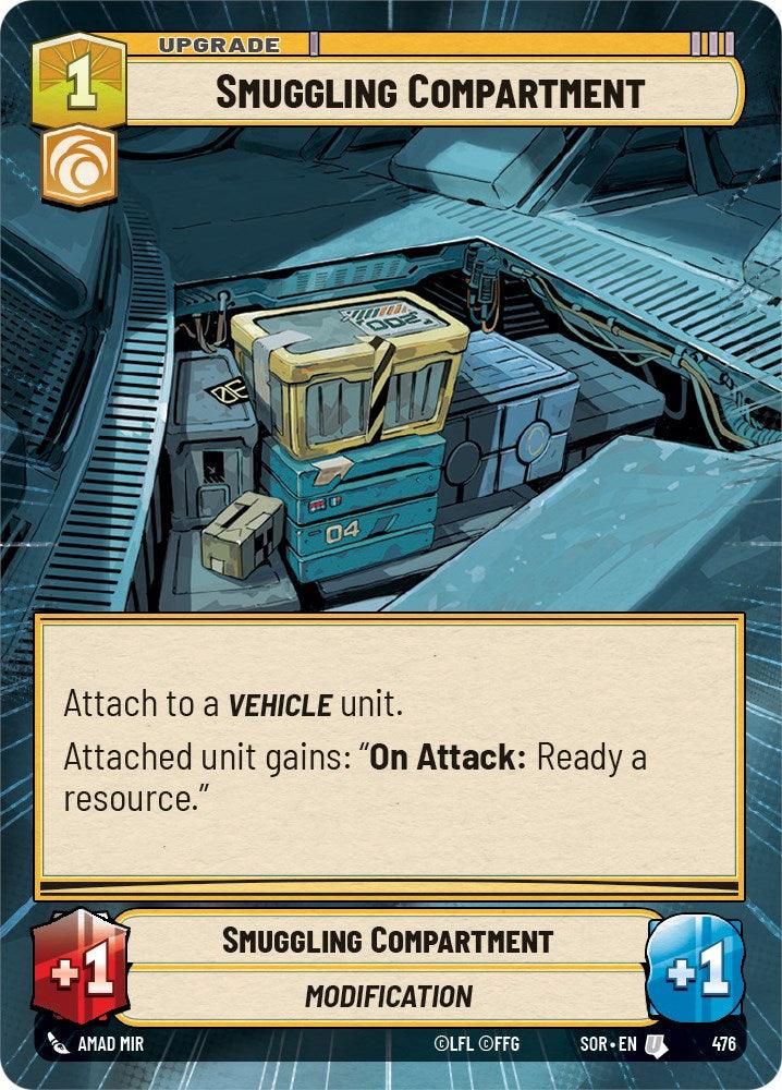 Illustrated card titled "Smuggling Compartment (Hyperspace)" part of the "Spark of Rebellion" set, shows a hidden storage space inside a vehicle filled with various equipment. Categorized as an upgrade with a cost of 1, it states: "Attach to a vehicle unit. Attached unit gains: 'On Attack: Ready a resource.'" This product is by Fantasy Flight Games.