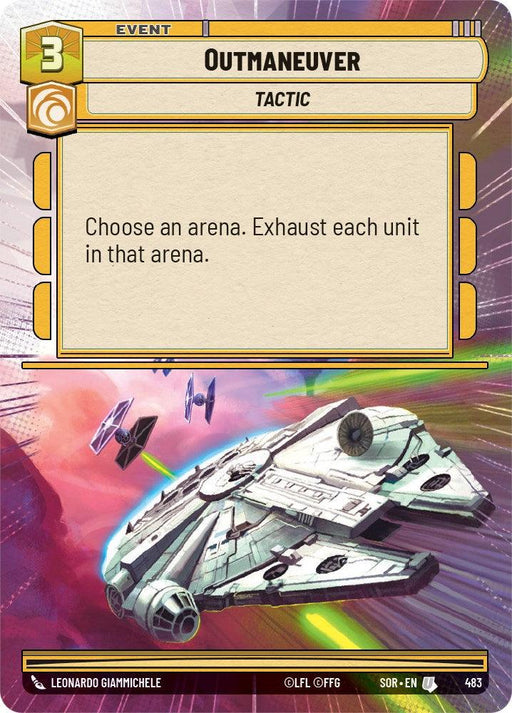 A trading card titled "Outmaneuver (Hyperspace) (483) [Spark of Rebellion]" from a starship-themed game by Fantasy Flight Games. It has a cost of 3 and the type "Event - Tactic." The card's text reads, "Choose an arena. Exhaust each unit in that arena." The artwork features a dynamic space battle with starships, sparking the spirit of rebellion, including one resembling the Millennium Falcon.