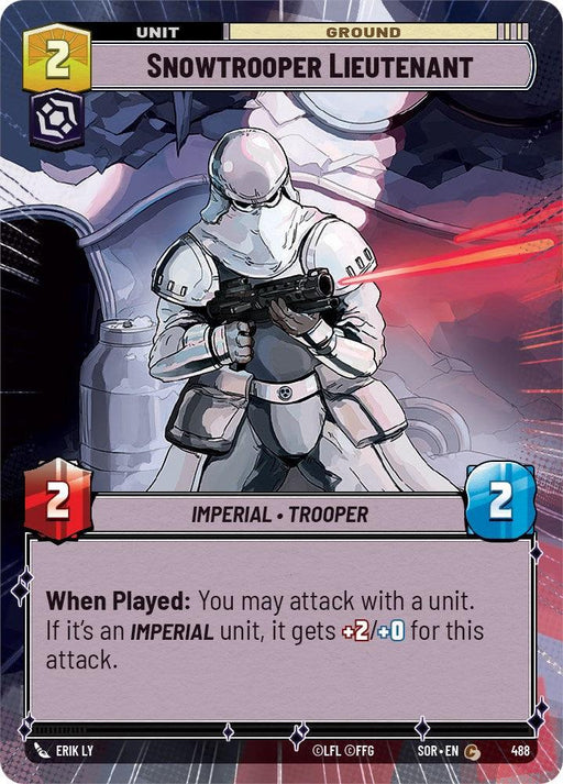 A trading card featuring "Snowtrooper Lieutenant (Hyperspace) (488) [Spark of Rebellion]," depicted as an armored figure holding a blaster with a snowy and futuristic background. The card details include a cost of 2, stats of 2 attack and 2 health, and an ability that boosts attacks if another Imperial Trooper is used. This product is by Fantasy Flight Games.