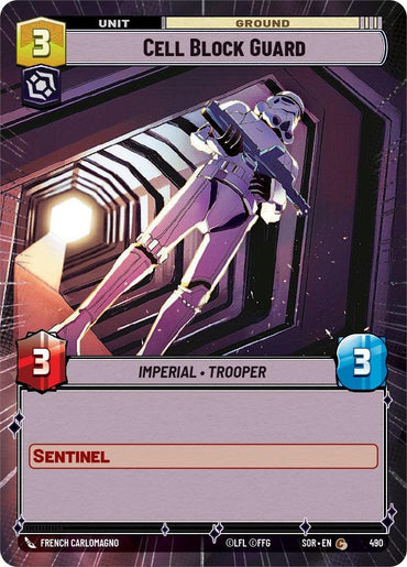 The card image showcases "Cell Block Guard (Hyperspace) (490) [Spark of Rebellion]," an "Imperial Trooper" clad in futuristic armor, standing vigilant in a neon-lit corridor. Sporting stats of power 3, health 3, and a cost of 3, this Sentinel suggests a readiness for any "Spark of Rebellion." This product is by Fantasy Flight Games.