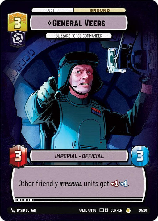 A Fantasy Flight Games General Veers - Blizzard Force Commander (Hyperspace) (Weekly Play Promo) (491) [Spark of Rebellion Promos] card featuring General Veers with the title "Blizzard Force Commander" from the Spark of Rebellion Promos. It depicts a man in a military uniform with "3" in both top corners. The card buffs other friendly imperial units, giving them +1/1. Illustrated by David Buisan.