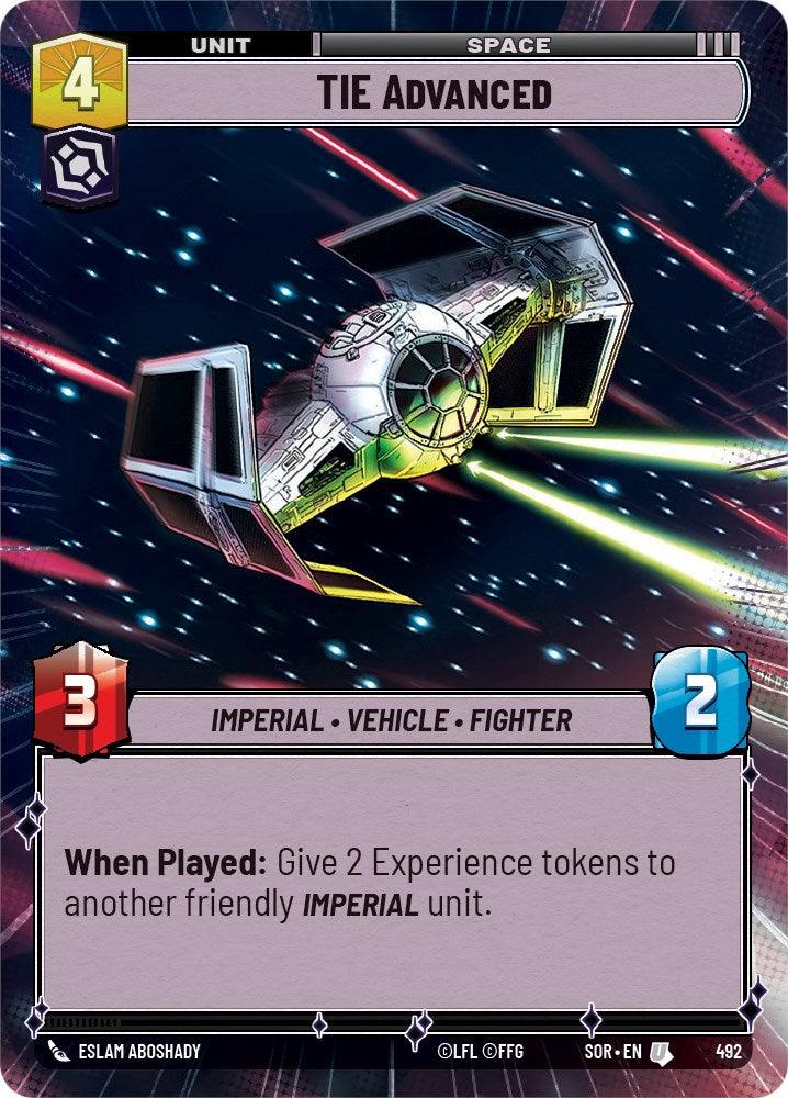 A rectangular card displays an image of the TIE Advanced spaceship from the Star Wars universe, flying through space with laser trails behind. The card details include: cost of 4, an attack value of 3, and a defense value of 2. Special ability reads: “When Played: Give 2 Experience tokens to another friendly IMPERIAL unit.” It belongs to the Imperial faction and is labeled TIE Advanced (Hyperspace) (492) [Spark of Rebellion] by Fantasy Flight Games.