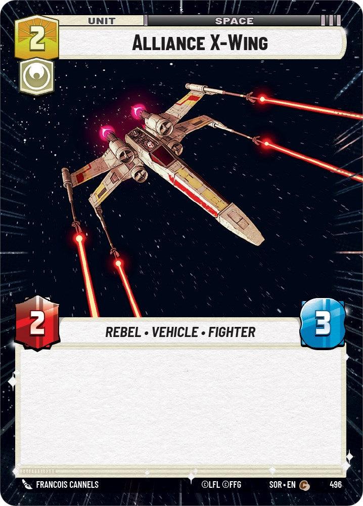 A card from a game depicting an Alliance X-Wing fighter. The card shows an X-Wing spacecraft shooting red lasers in space with the label 