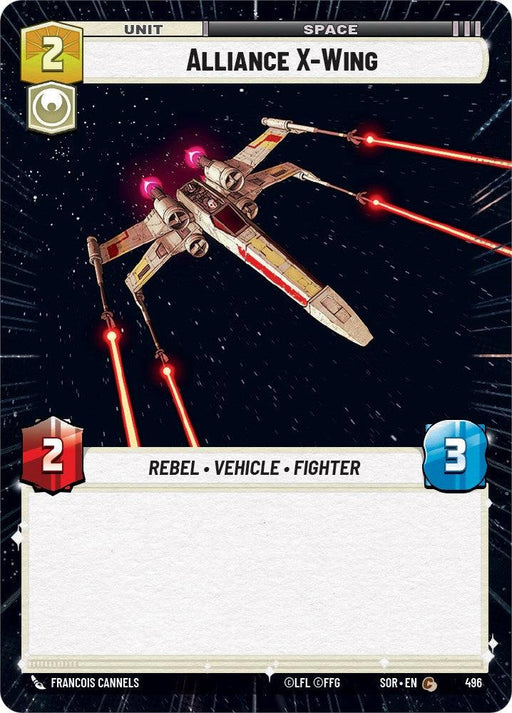 A card from a game depicting an Alliance X-Wing fighter. The card shows an X-Wing spacecraft shooting red lasers in space with the label "Alliance X-Wing (Hyperspace) (496) [Spark of Rebellion]" at the top. As a Rebel Vehicle Fighter, it has a cost of 2 resources, with an attack value of 2 and health value of 3. This product is from Fantasy Flight Games.
