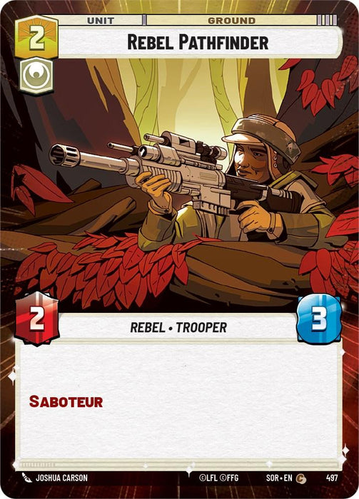 A Rebel Pathfinder (Hyperspace) (497) [Spark of Rebellion] unit card from a strategy game, part of the "Spark of Rebellion" set by Fantasy Flight Games. The illustrated trooper is aiming a sniper rifle from behind red foliage. The card includes stats: 2 attack power (in red) and 3 health (in blue). The word "SABOTEUR" is printed in red at the bottom. 2024 Release Date.