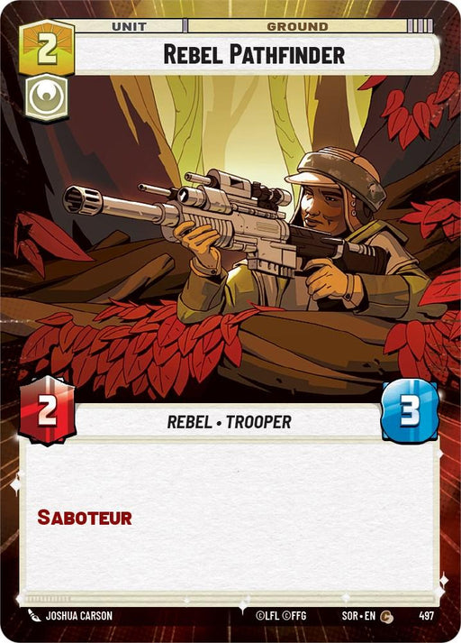 A Rebel Pathfinder (Hyperspace) (497) [Spark of Rebellion] unit card from a strategy game, part of the "Spark of Rebellion" set by Fantasy Flight Games. The illustrated trooper is aiming a sniper rifle from behind red foliage. The card includes stats: 2 attack power (in red) and 3 health (in blue). The word "SABOTEUR" is printed in red at the bottom. 2024 Release Date.
