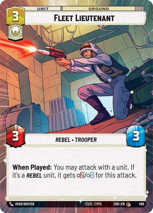 A card from the game depicts a "Fleet Lieutenant" (Hyperspace) (498) [Spark of Rebellion] with a defense value of 3, attack value of 3, and resource cost of 3. The character, wearing a helmet and white uniform, wields a blaster. Text reads: "When Played: You may attack with a unit. If it’s a REBEL unit, it gets +2 attack and +0 defense." This product is by Fantasy Flight Games.