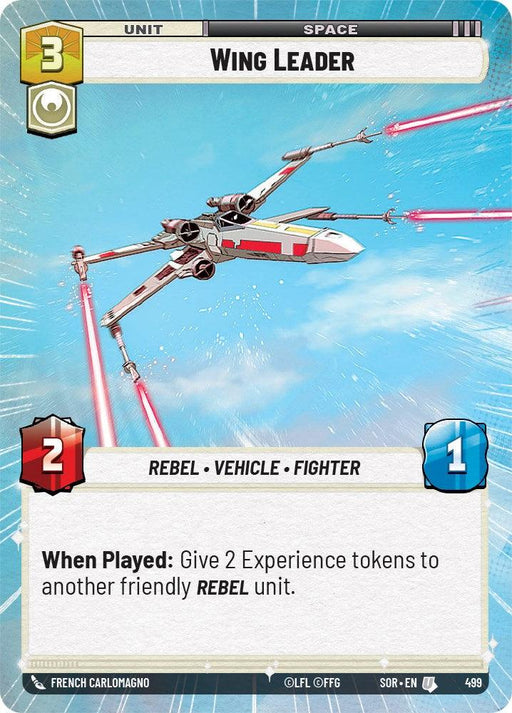 An image of a "Wing Leader (Hyperspace) (499) [Spark of Rebellion]" card from the "Spark of Rebellion" set in a game by Fantasy Flight Games. Classified under "Unit" and "Space," it costs 3. It features a Rebel vehicle fighter in the sky with attack power 2 and defense power 1. Special ability: "When Played: Give 2 Experience tokens to another friendly REBEL unit.