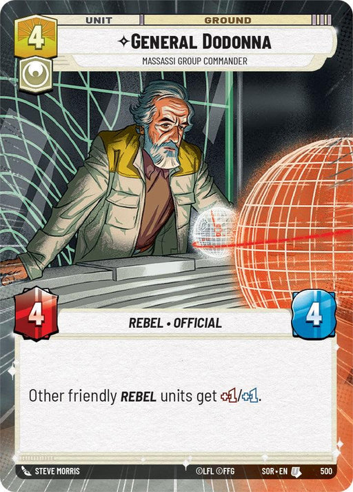 A card from a game showing "General Dodonna - Massassi Group Commander (Hyperspace) (500) [Spark of Rebellion]" by Fantasy Flight Games, the Massassi Group Commander, with stats 4 and 4 on both sides in red and blue shield icons. Labeled a Rebel Official, he provides +1 to attack and defense for friendly Rebel units. The character is an elderly man with a white beard and an olive-green jacket.