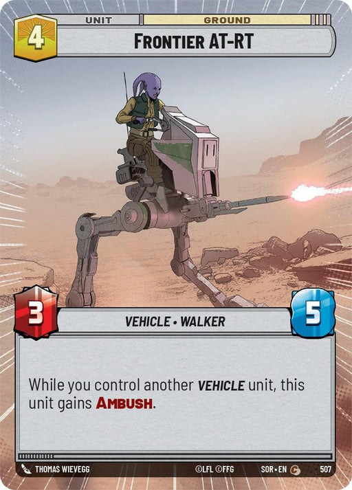 A card from the collectible card game "Spark of Rebellion" by Fantasy Flight Games features "Frontier AT-RT (Hyperspace) (507) [Spark of Rebellion]," a ground unit vehicle. The card depicts a bipedal walker with an alien pilot firing a laser in a desert landscape. With 3 attack and 5 defense, its text reads: "While you control another VEHICLE unit, this unit gains Ambush.