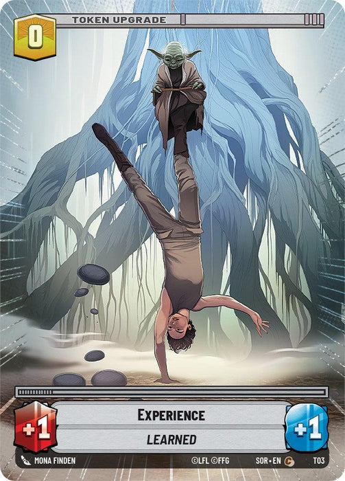 A card titled "Experience (Hyperspace) (T03) [Spark of Rebellion]" featuring a man performing a one-handed handstand on a rock. Hovering above him is a small, green, wise-looking alien creature. In the background stands a large, mystical tree. The upgrade card displays "+1" red attack and "+1" blue defense stats with the text "Experience learned." This product is from Fantasy Flight Games.
