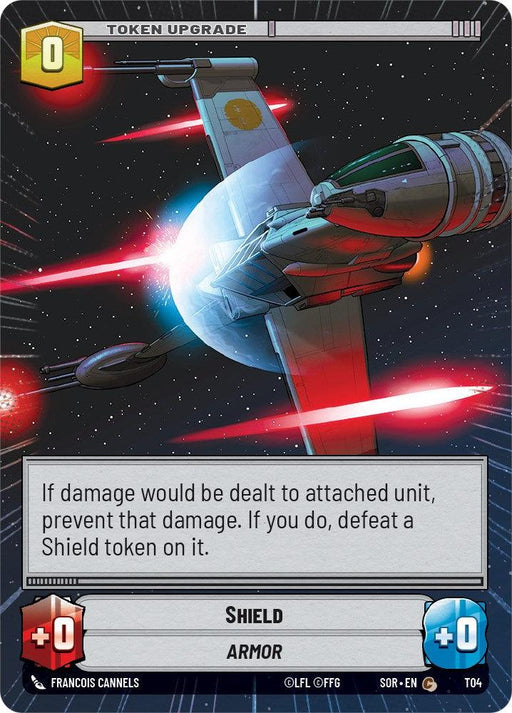 A playing card titled "Shield (Hyperspace) (T04)" with an image of a spaceship emitting a shield. The card text says, "If damage would be dealt to attached unit, prevent that damage. If you do, defeat a Shield token on it." At the bottom, "Shield" and "Armor" are listed from Spark of Rebellion. The card has 0 shield and 0 armor values. This product is by Fantasy Flight Games.