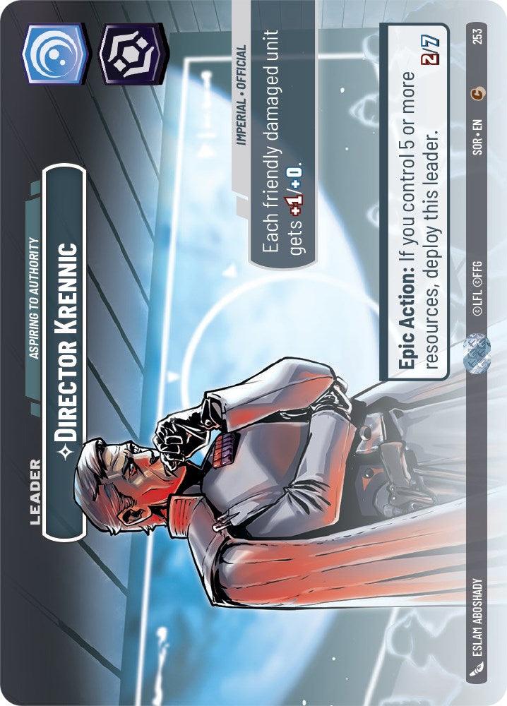 A card titled "Director Krennic - Aspiring to Authority (Showcase) (253) [Spark of Rebellion]" from Fantasy Flight Games, belonging to the blue faction "Imperial," and of leader type. The card text reads: "Each friendly damaged unit gets +1, +0." The Epic Action reads: "If you control 5 or more resources, deploy this leader." An illustration shows Director Krennic in his white Imperial uniform, pensively