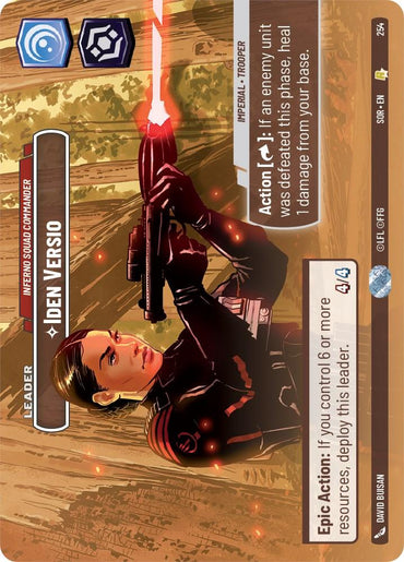 A detailed playing card features an illustrated female character named Iden Versio in a combat-ready pose, holding a blaster. Set against a war-torn landscape, this Iden Versio - Inferno Squad Commander (Showcase) (254) [Spark of Rebellion] card from Fantasy Flight Games includes various game stats and abilities. Text describes her actions and epic Spark of Rebellion abilities.
