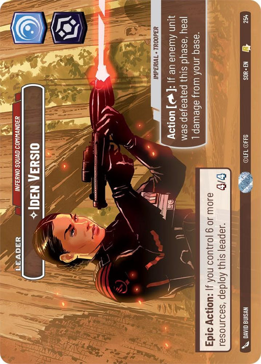 A detailed playing card features an illustrated female character named Iden Versio in a combat-ready pose, holding a blaster. Set against a war-torn landscape, this Iden Versio - Inferno Squad Commander (Showcase) (254) [Spark of Rebellion] card from Fantasy Flight Games includes various game stats and abilities. Text describes her actions and epic Spark of Rebellion abilities.

