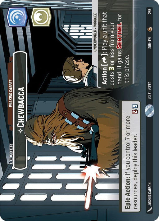 A close-up image of a playing card from Fantasy Flight Games' "Chewbacca - Walking Carpet (Showcase) (255) [Spark of Rebellion]." Rotated 90 degrees counterclockwise, it features Chewbacca holding a blaster, with stats, actions, and abilities. The dark background sets a sci-fi scene for this Spark of Rebellion-themed card game.