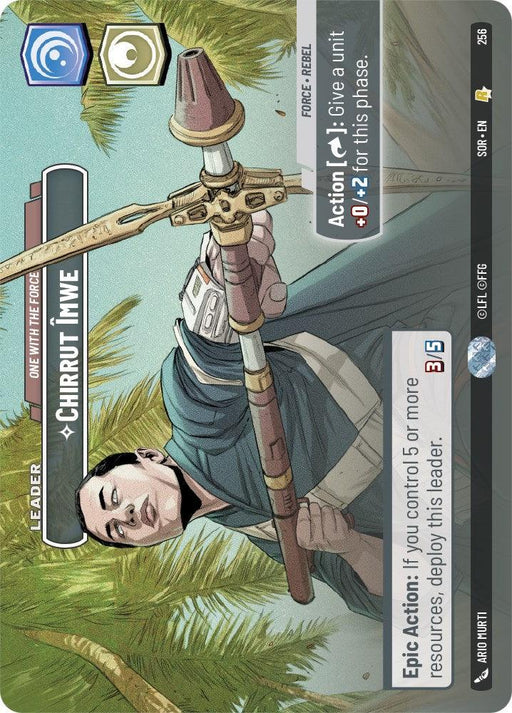 A Star Wars-themed card featuring the rare Chirrut Imwe - One With The Force (Showcase) (256) [Spark of Rebellion] from Fantasy Flight Games, holding a long staff in a dynamic pose. The card displays various stats and abilities, including "Action" and "Epic Action" options. The background shows abstract designs and symbols associated with the Spark of Rebellion character.