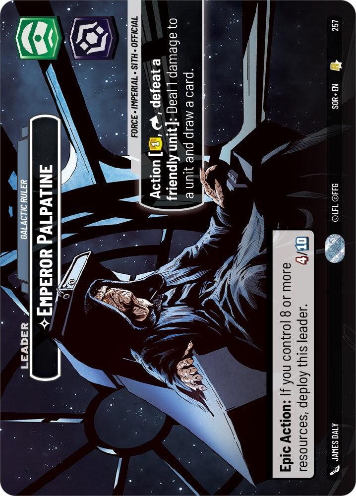 A Spark of Rebellion-themed trading card from Fantasy Flight Games, featuring the rare Emperor Palpatine - Galactic Ruler (Showcase) (257). The card displays art of Palpatine raising his hands against a dark, starry background. It includes various game stats: 